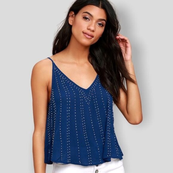 Free People Beaded V-Neck Tank Top in Royal Blue  Size XS - Picture 1 of 9